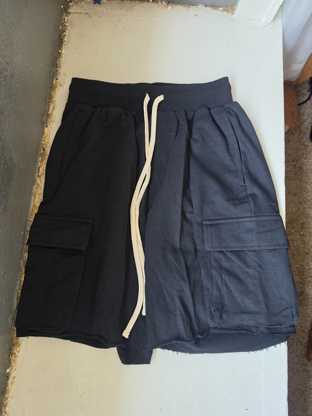 MNML Black Cargo Drawstring Lounge Shorts with White Ties